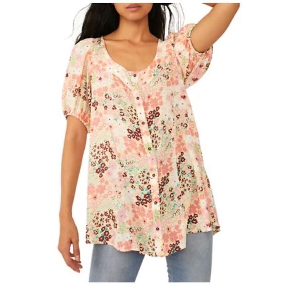 Free People Callie Floral Print Scoop Neck Short Sleeve Tunic Top .Size XS - Picture 5 of 16